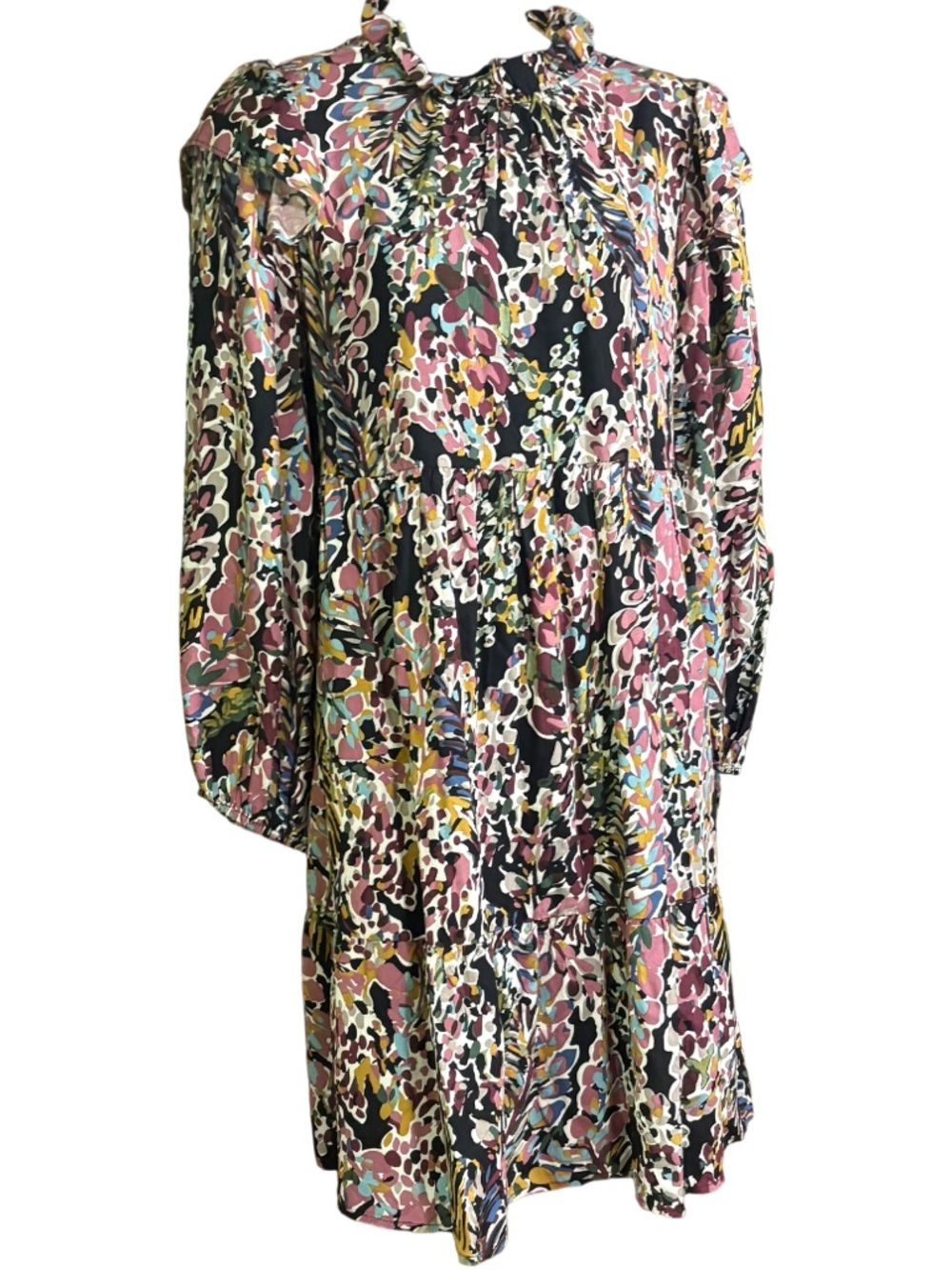 Floral Ruffle Neck Long Sleeve Dress in Black and Pink